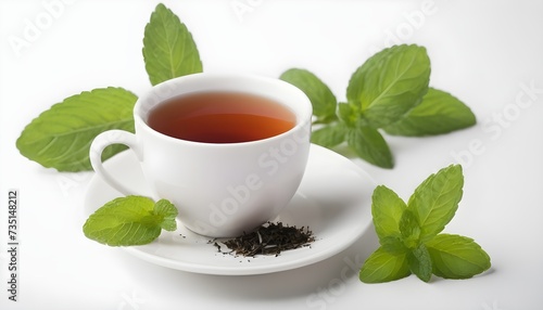 Cup of tea with tea bag and mint plant (blank label) on white background