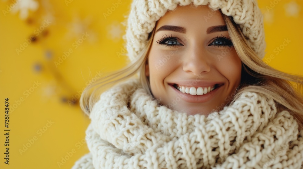A woman is pictured wearing a knitted hat and scarf. This image can be used to depict winter fashion or cold weather attire A woman is pictured wearing a knitted hat and scarf. This image can be used to depict winter fashion or cold weather attire