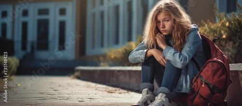 Unhappy little girl sitting alone outside at school. Creative Banner. Copyspace image photo