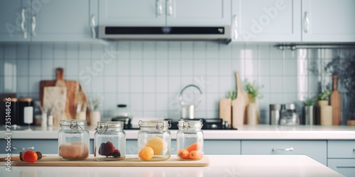 A kitchen counter with jars filled with an assortment of fresh fruit. Perfect for food and nutrition-related projects