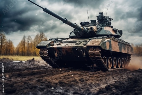 A military tank driving through a muddy field. Suitable for military, warfare, and combat-related concepts