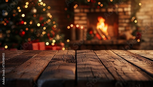 Christmas and New year background with empty dark wooden deck table over christmas tree and blurred light bokeh. Empty display for product montage.  © Sukh