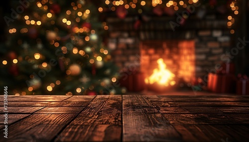 Christmas and New year background with empty dark wooden deck table over christmas tree and blurred light bokeh. Empty display for product montage. 