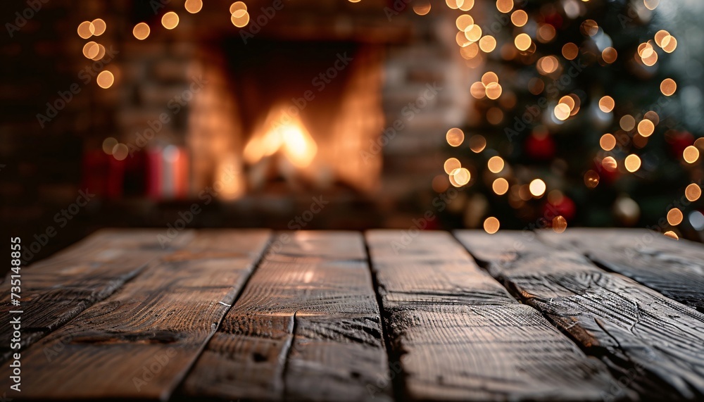 Table with background christmas decoration and tree Table with background christmas decoration and tree