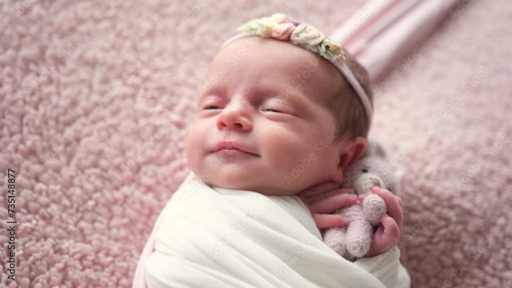 Sweet Newborn Little Girl Smiling And Holding A Toy Sweet Newborn Little Girl Smiling And Holding A Toy