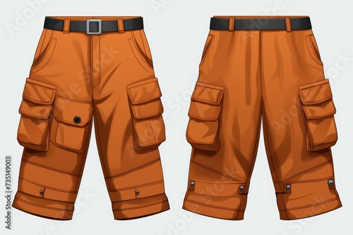 A pair of orange cargo pants with a belt. Versatile and practical for various activities photo
