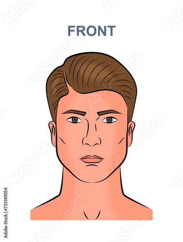 Man face avatar concept. Young guy with inscription front. Profile for social networks. Model posing. Graphic element for website. Simple flat vector illustration isolated on white background