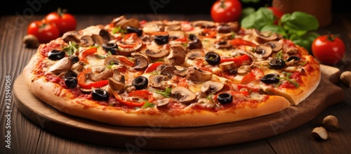 Slice of vegetarian pizza with green and red peppers mushrooms and olives. Creative Banner. Copyspace image