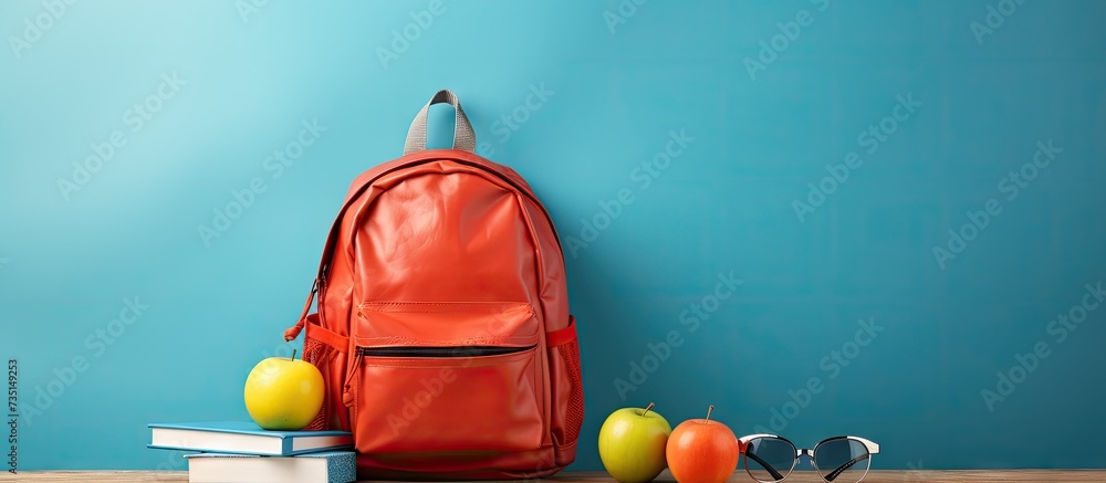 School organization Side view photo of teddy bear schoolbag filled with school essentials pens pencils notebook and more Open book and an apple bring a playful element to the scene. Creative Banner - obrazy, fototapety, plakaty 