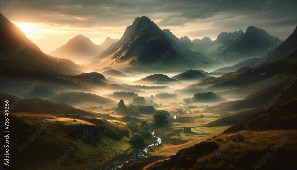 Highland Haven- Misty Mountains at Dawn