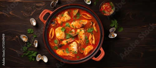 Modern style traditional Spanish seafood zarzuela de pescado with fish served in red sauce as top view in design pot. Creative Banner. Copyspace image photo