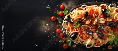 Penne pasta with seafood in a plate on the table Italian pasta dish with mussels squid tomatoes and parmesan close up. Creative Banner. Copyspace image