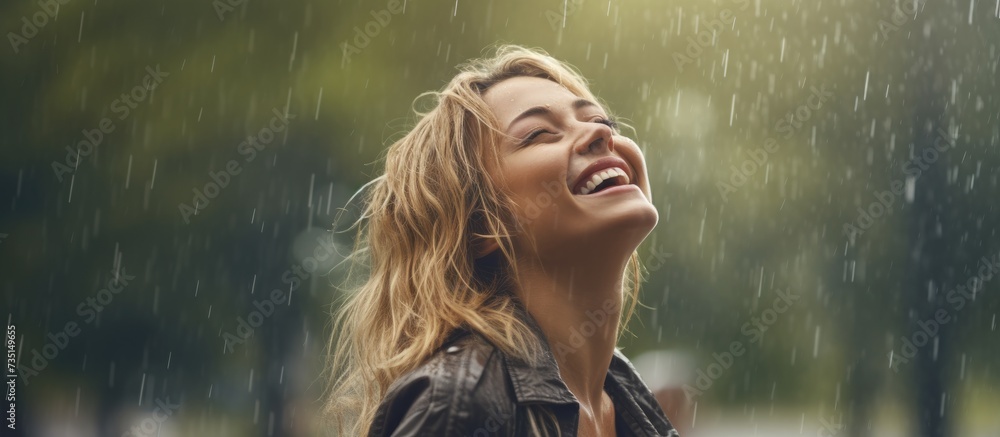 Positive young blonde woman smiling wearing yellow raincoat during the rain in the park Cheerful female enjoying the rain outdoors A beautiful woman catching the raindrops with arms wide open - obrazy, fototapety, plakaty 