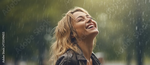 Positive young blonde woman smiling wearing yellow raincoat during the rain in the park Cheerful female enjoying the rain outdoors A beautiful woman catching the raindrops with arms wide open