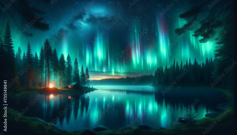 Mystic Aurora- Northern Lights over a Forest Lake