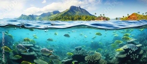 Tropical seascape over and under water island coastline and group of fish underwater Pacific ocean French Polynesia Oceania. Creative Banner. Copyspace image photo