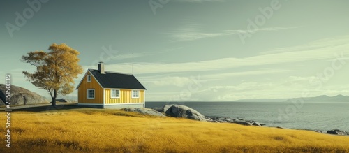 Wooden fisherman cabin on Lofoten Islands Norway Norwegian coast landscape with a typical yellow house. Creative Banner. Copyspace image