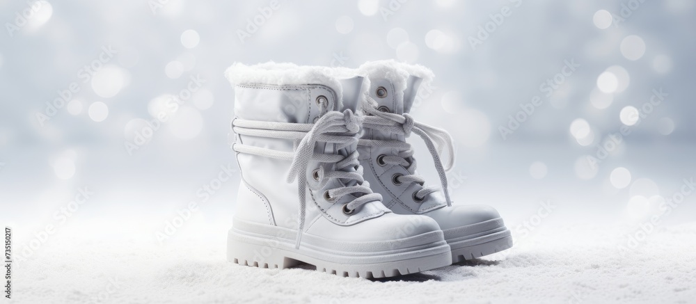 Winter boots with laces on white snow close up. Creative Banner. Copyspace image - obrazy, fototapety, plakaty 