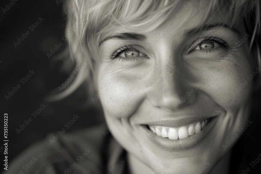 A black and white photo of a woman with a genuine smile on her face. This photo can be used to convey happiness and positivity in various projects A black and white photo of a woman with a genuine smile on her face. This photo can be used to convey happiness and positivity in various projects