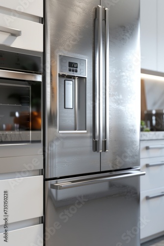 A stainless steel refrigerator freezer in a modern kitchen. Perfect for showcasing a sleek and contemporary design.