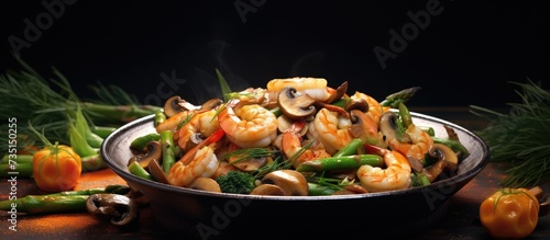 sauteed shrimp served with asparagus beans and mushrooms. Creative Banner. Copyspace image
