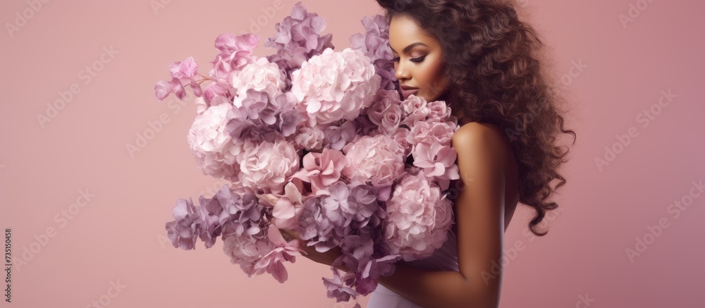 Very nice young woman holding big and beautiful bouquet of fresh tender anemone carnations roses flowers in pink and purple pastel colors bouquet close up. Creative Banner. Copyspace image