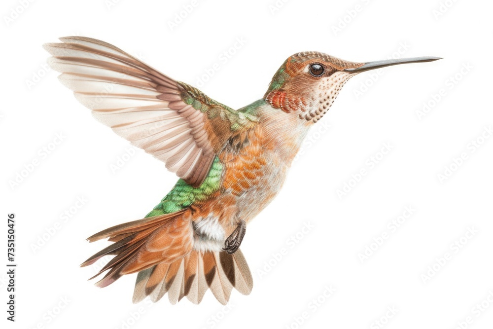 Fototapeta premium A hummingbird captured in mid-air, with its wings spread. Perfect for nature enthusiasts or those looking for a vibrant and dynamic image