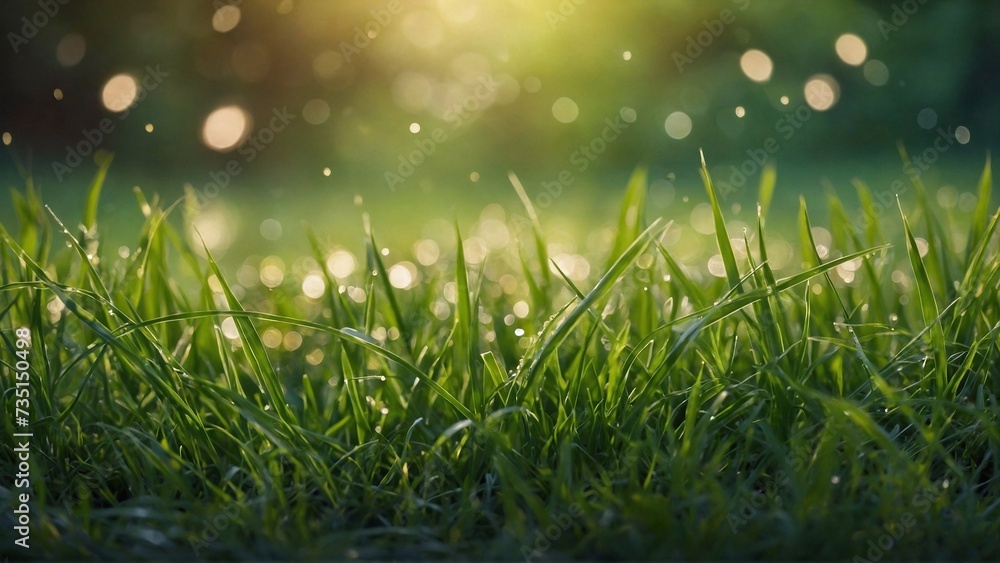 green grass with dew drops on bokeh background, morning sunlight in garden