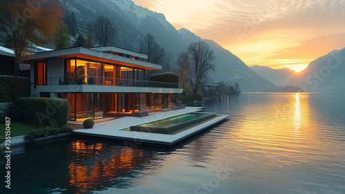 Super modern luxury villa with lake and flowers blowing, spring season, sunlight, relaxing image, plants, modern house in the nature, perfect place for living, eco house © Loucine