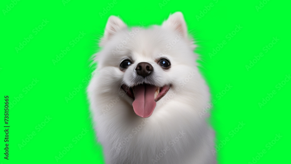 Portrait photo of smiling Pomeranian on green background