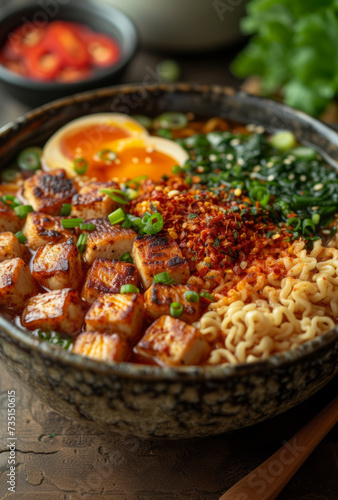 Bowl of ramen with tofu egg green onions sesame seeds and chili oil