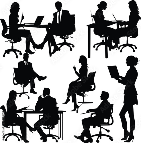 Silhouette office employees discussing at work desk black color only