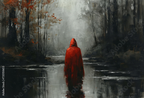 Red hooded woman in mysterious forest,illustration painting