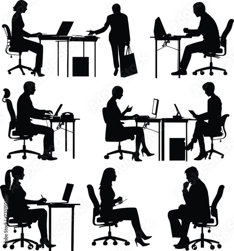 Silhouette office employees discussing at work desk black color only