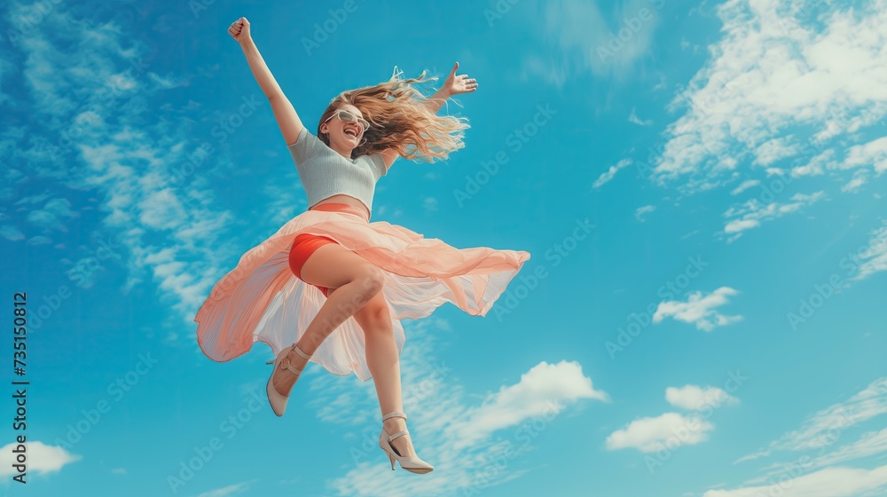 Young beautiful woman in heels and skirt jumping on the background of the sky