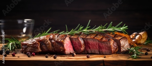 Modern style traditional barbecue dry aged wagyu porterhouse beef steak bistecca alla Fiorentina sliced and served as close up on a wooden design board. Creative Banner. Copyspace image