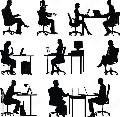 Silhouette office employees discussing at work desk black color only