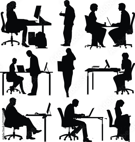 Silhouette office employees discussing at work desk black color only