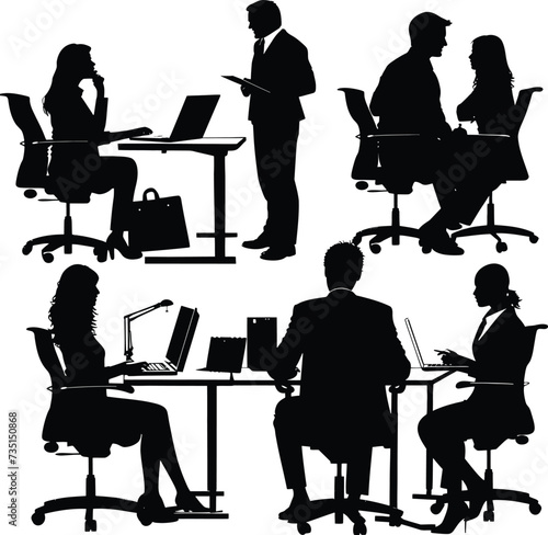 Silhouette office employees discussing at work desk black color only