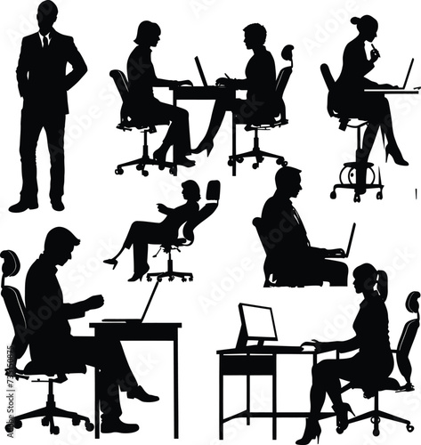 Silhouette office employees discussing at work desk black color only