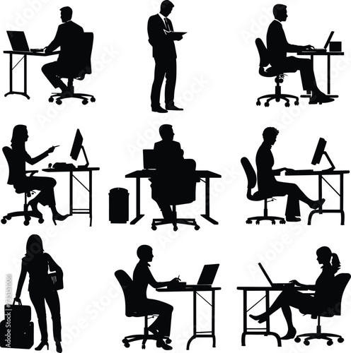 Silhouette office employees discussing at work desk black color only