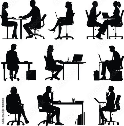 Silhouette office employees discussing at work desk black color only