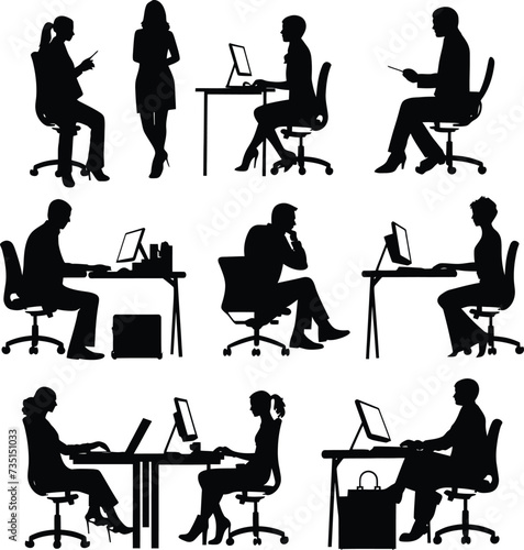 Silhouette office employees discussing at work desk black color only