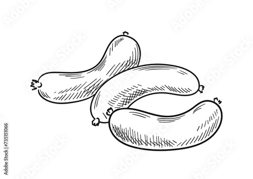 Meat product linear. Hand drawn sketch of sausages. Natural and organic product. Health diet and nutrition. Template and layout. Outline flat vector illustration isolated on white background