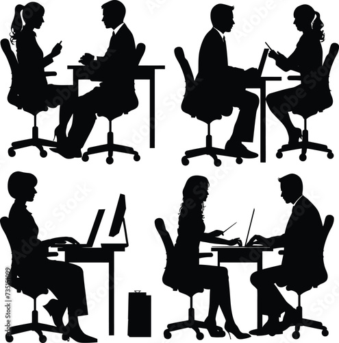 Silhouette office employees discussing at work desk black color only
