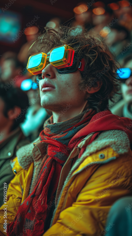 Young man watching 3D movie with special glasses
