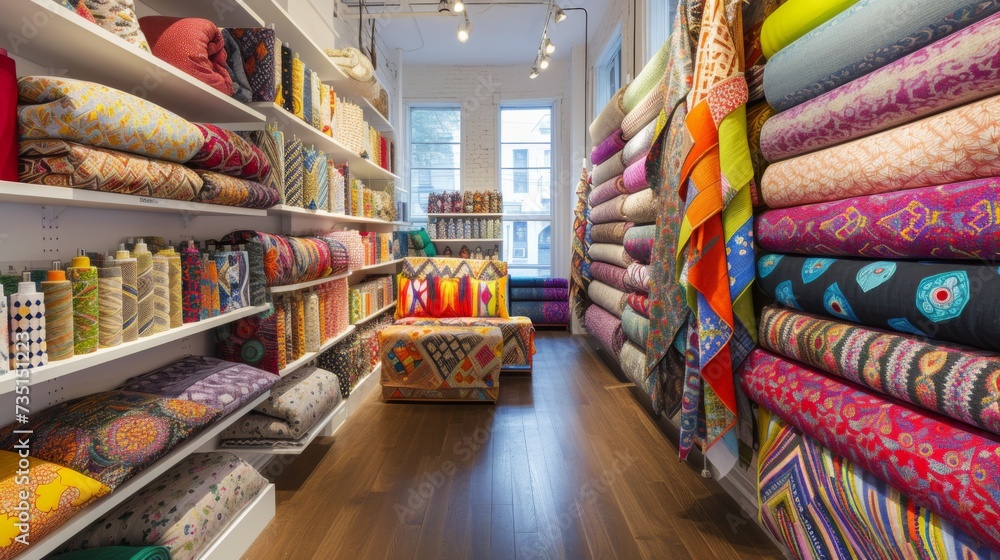 Fototapeta premium Roll of fabric, batik floral style print fabric cotton for making apparel, fabric roll in textile business, fabric store supplier, material for clothing industry.