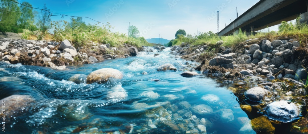 Waste water from hotel or industry Pollution drain flowing stream to a river Limbah Industri Radiation Radioactive. Creative Banner. Copyspace image Waste water from hotel or industry Pollution drain flowing stream to a river Limbah Industri Radiation Radioactive. Creative Banner. Copyspace image