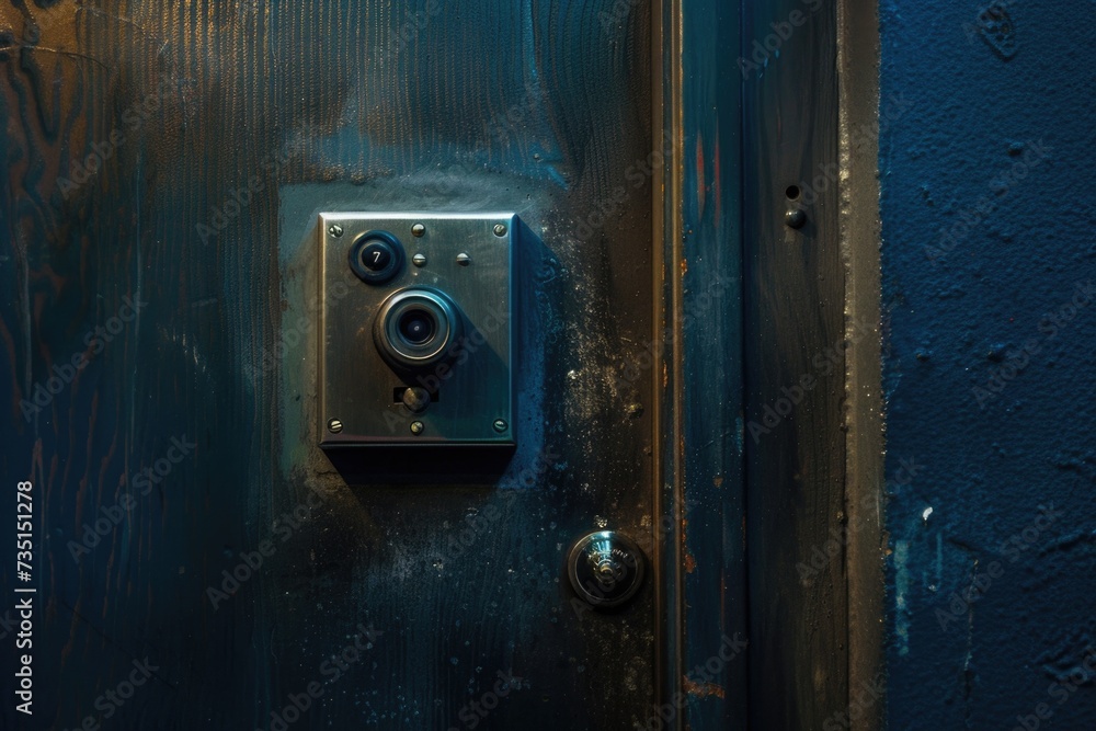 A detailed close-up of a button on a door. Suitable for illustrating concepts of security, access, or technology. A detailed close-up of a button on a door. Suitable for illustrating concepts of security, access, or technology.