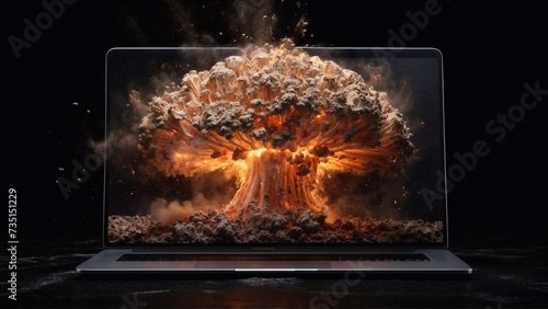 laptop screen with explosion in form of mushroom cloud on black background, future tech breakthrough concept